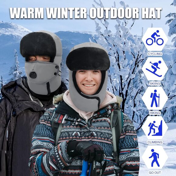 Unisex Gray Winter Trapper Hat Russian with Ear Flap Mask Aviator Cold Weather - Picture 2 of 6